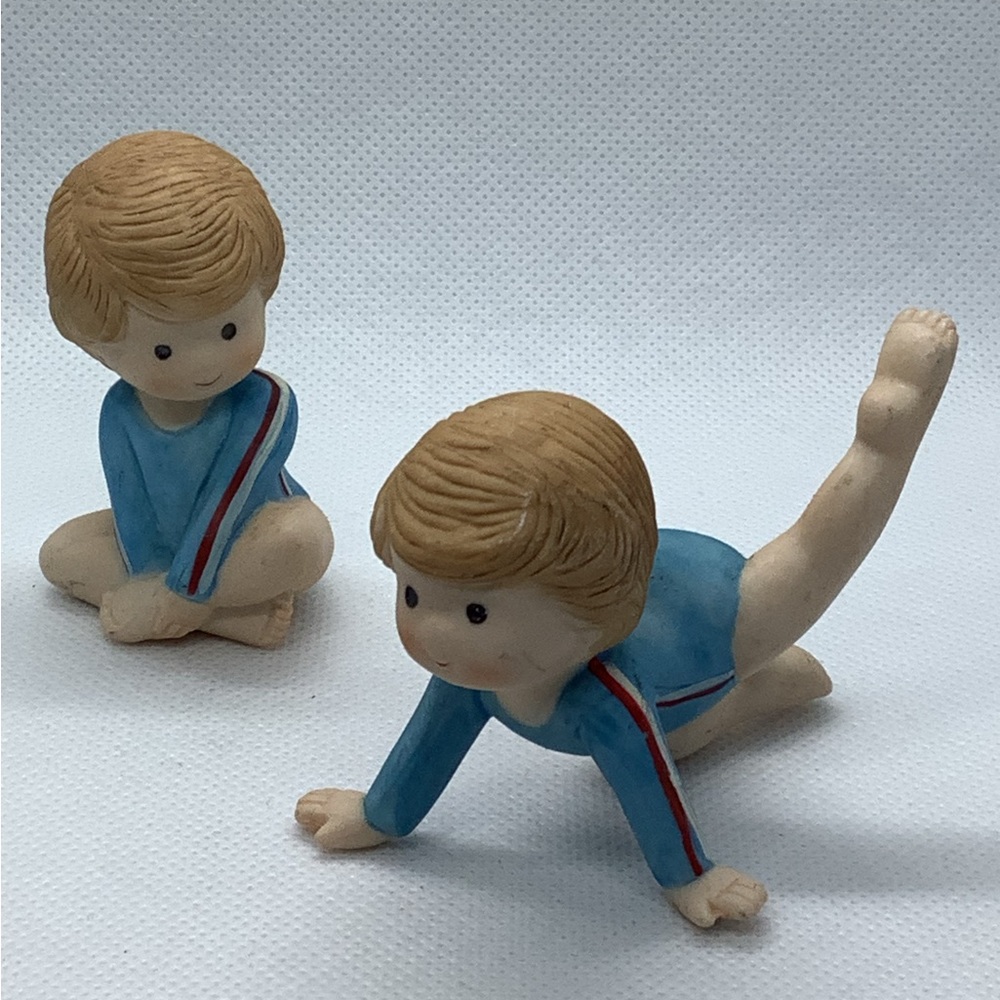 Vintage ENESCO Gymnast 2.5" Girl Boy Blue Leotard Ceramic Figurine 1983 Lot of 2